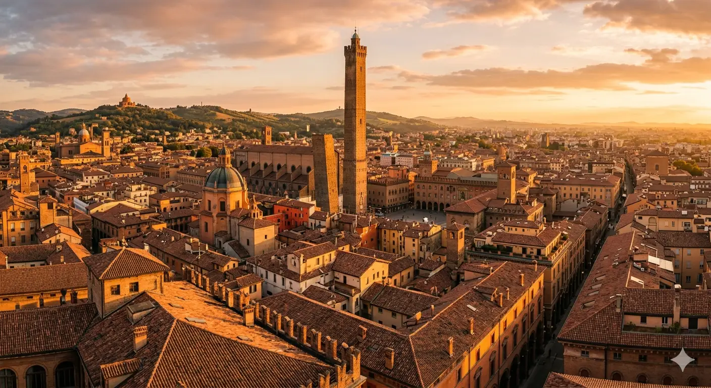 Bologna skyline at sunset — medieval towers and porticoes